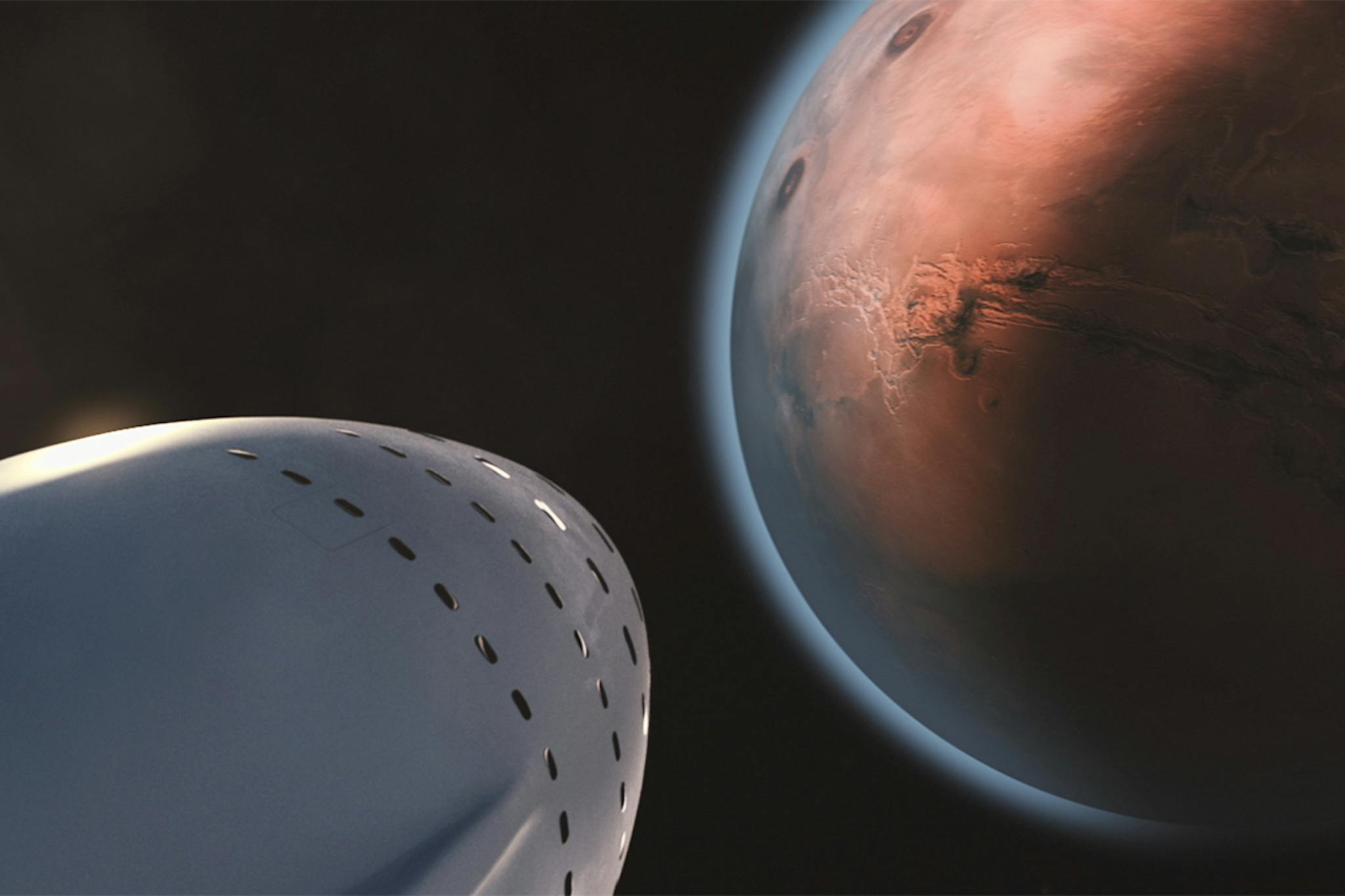 A detailed view of a spaceship approaching Mars, highlighting interplanetary exploration.